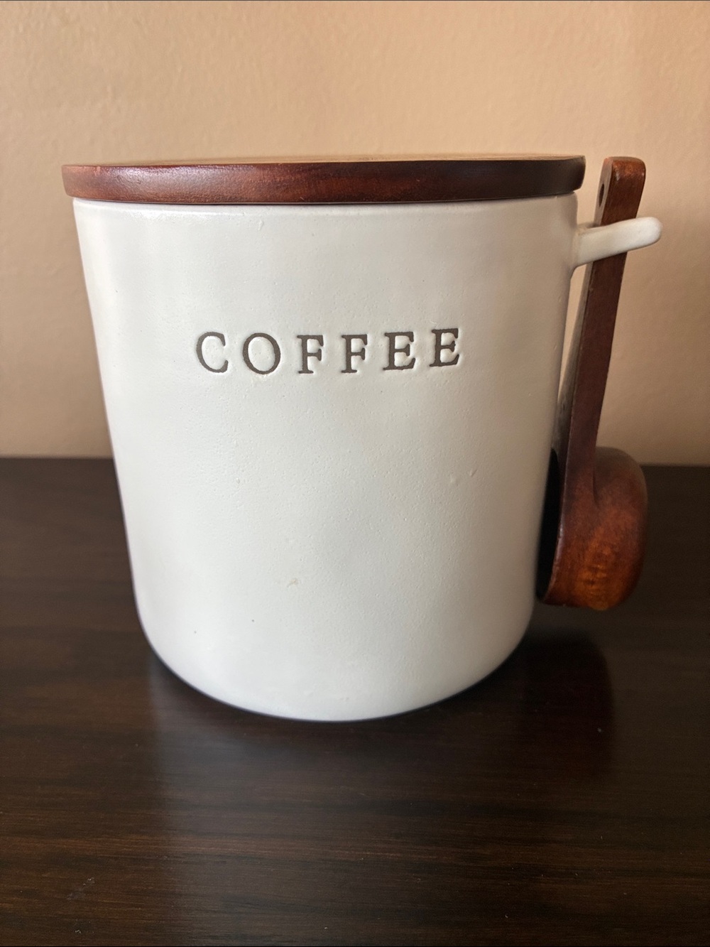 Hearth & Hand White Ceramic Coffee Canister with Wooden Lid and Spoon